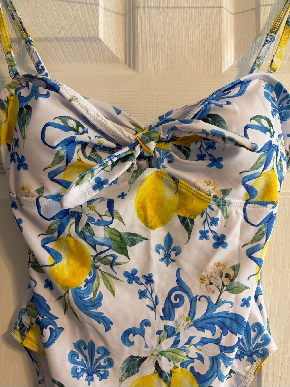 SHEIN Lemon Print One-Piece Swimsuit Size M | Blue White Tie Front Cutout - Picture 2 of 9
